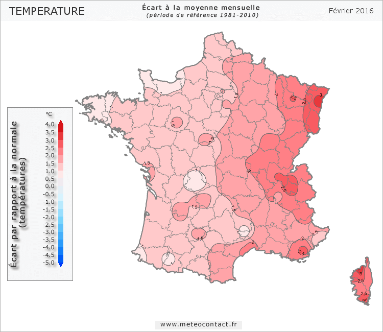 Écart par rapport à la normale en février 2016 (température)