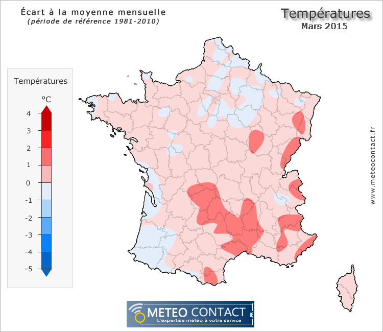 Écart à la normale des températures en mars 2015