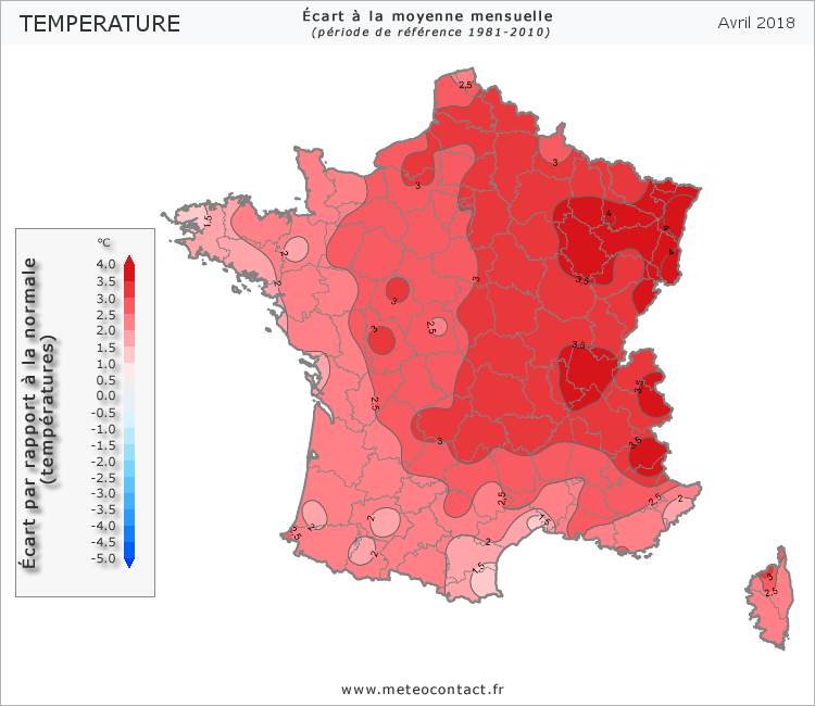 Écart par rapport à la normale en avril 2018 (température)