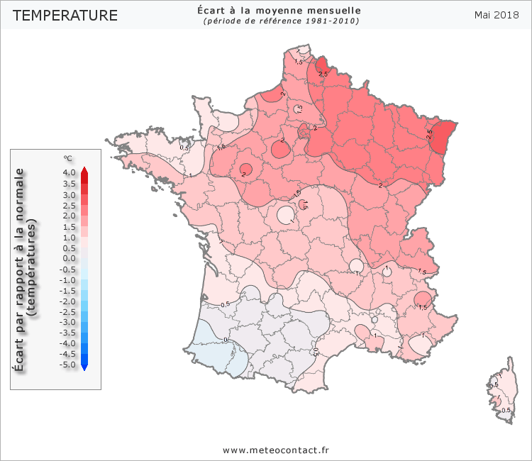 Écart par rapport à la normale en mai 2018 (température)