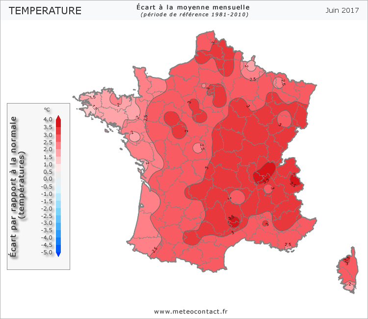 Écart par rapport à la normale en juin 2017 (température)