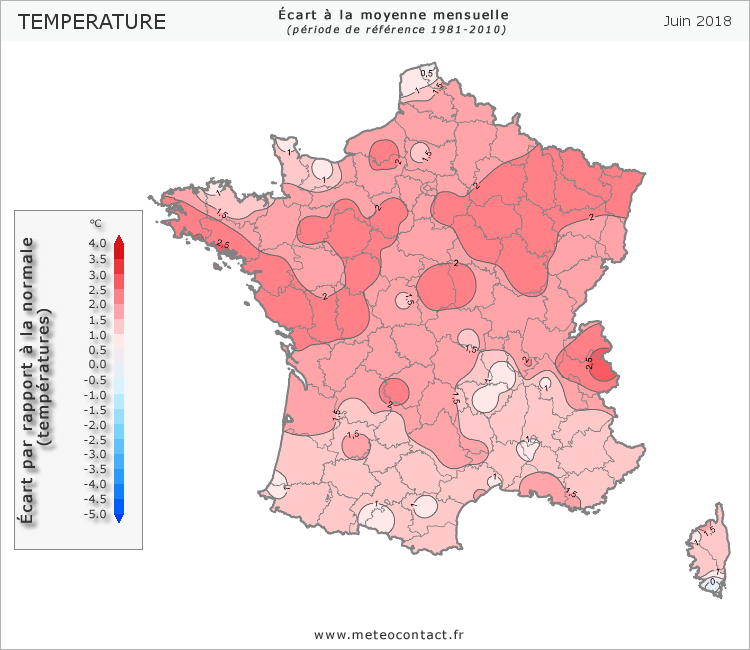 Écart par rapport à la normale en juin 2018 (température)