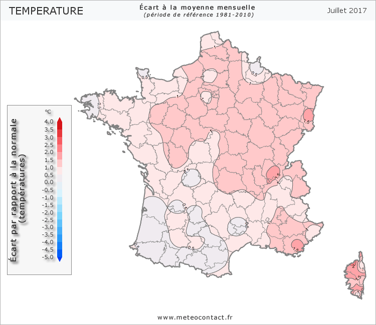 Écart par rapport à la normale en juillet 2017 (température)