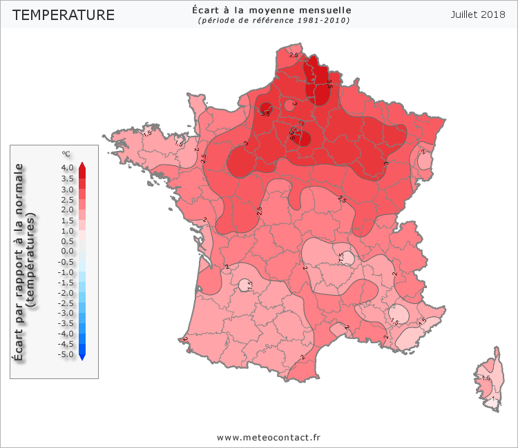 Écart par rapport à la normale en juillet 2018 (température)