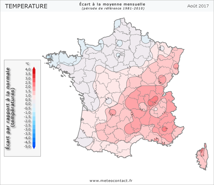 Écart par rapport à la normale en août 2017 (température)