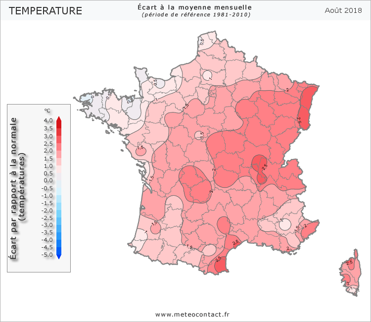 Écart par rapport à la normale en août 2018 (température)