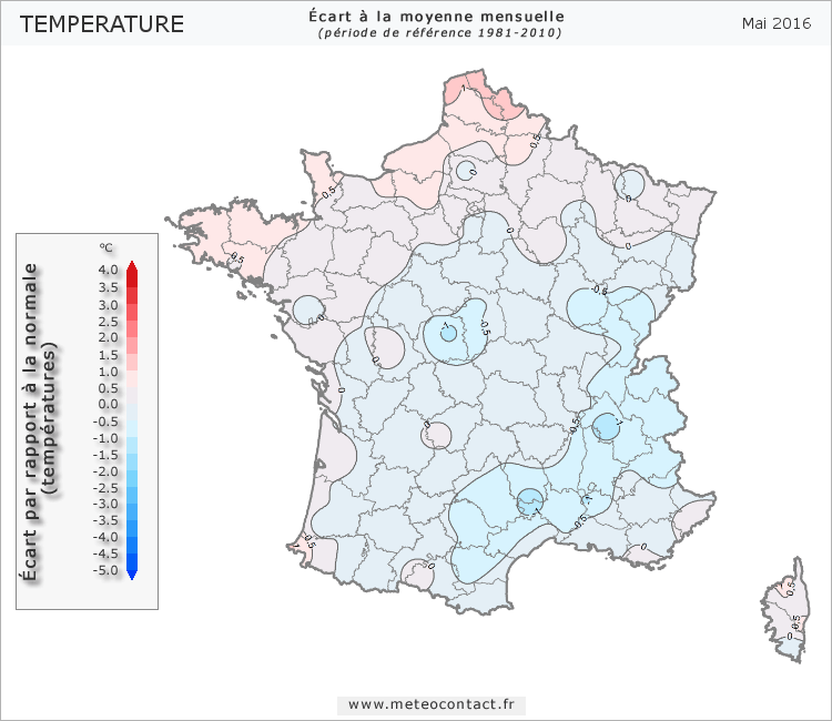 Écart par rapport à la normale en mai 2016 (température)