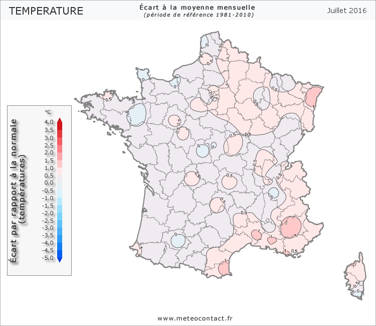 Écart par rapport à la normale en juillet 2016 (température)