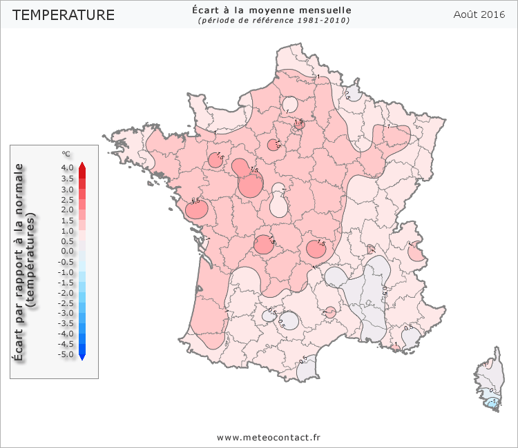 Écart par rapport à la normale en août 2016 (température)