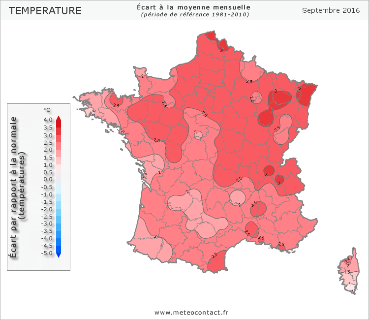 Écart par rapport à la normale en septembre 2016 (température)