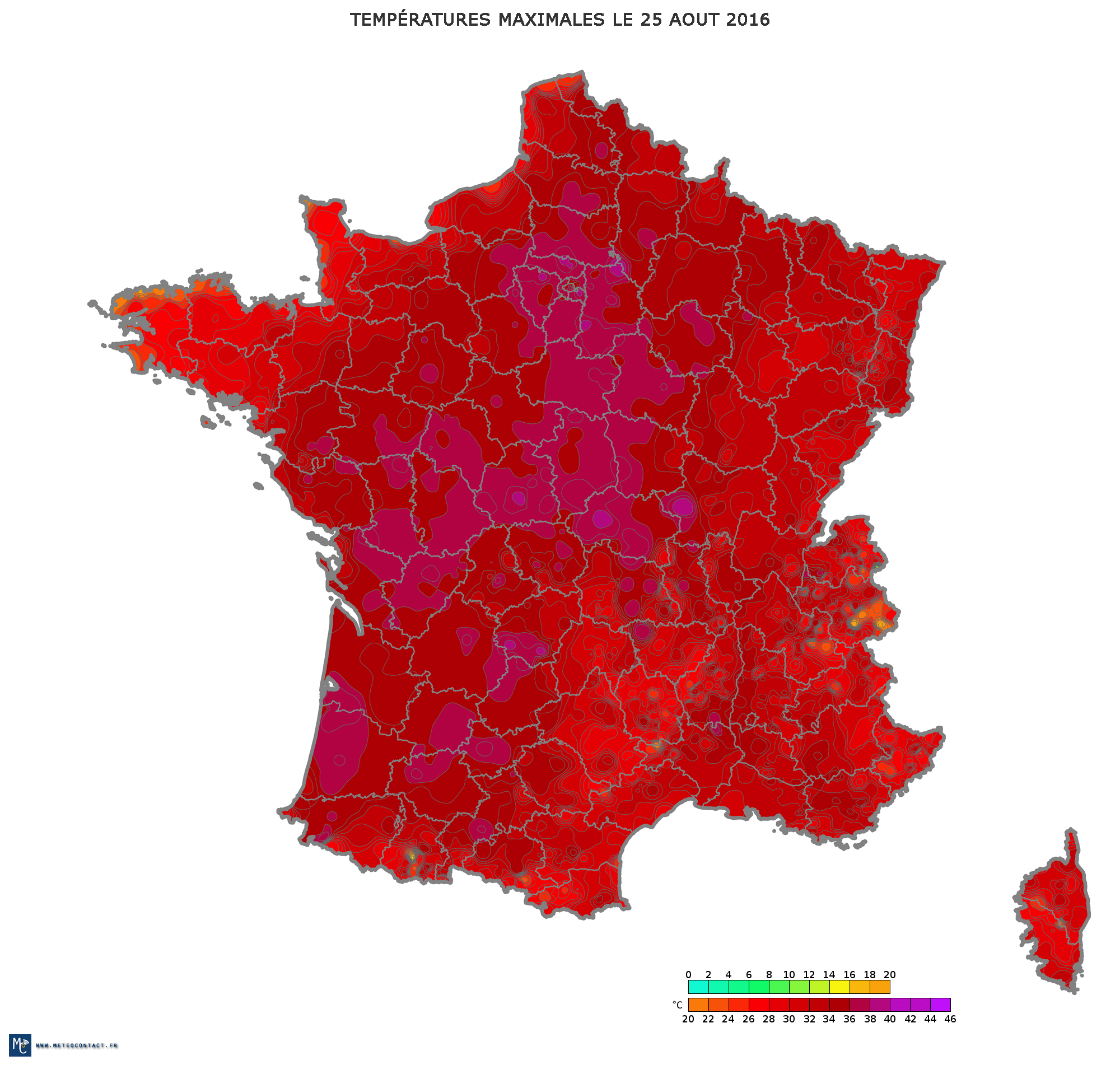 Températures observées le 25 août 2016 en France