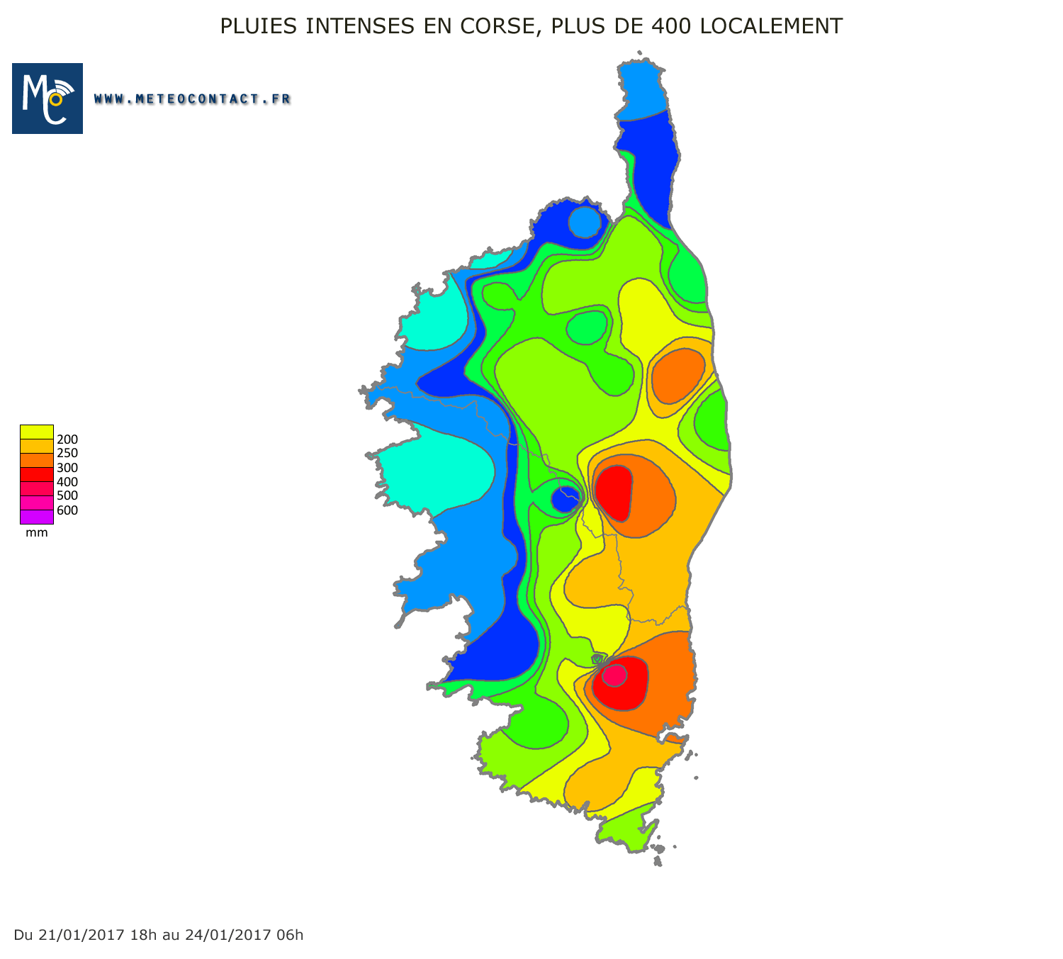 Cumuls de pluie observés sur la Corse entre le 21/01/2017 18h et le 24/01/2017 06h