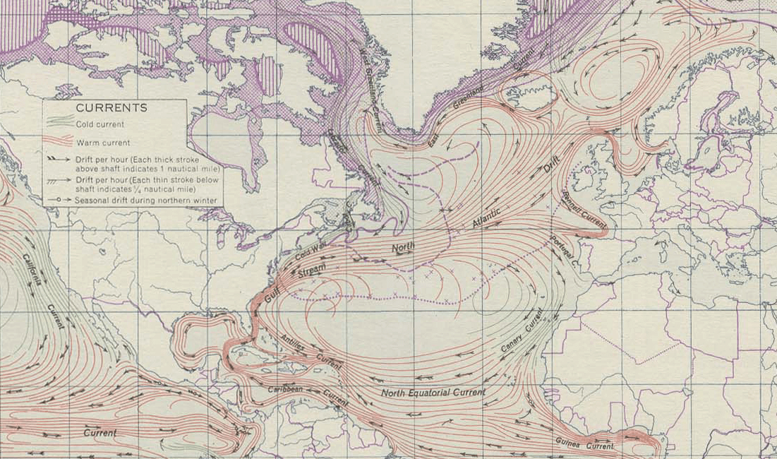 Carte du Gulf Stream et des ses branches sur l'Atlantique nord