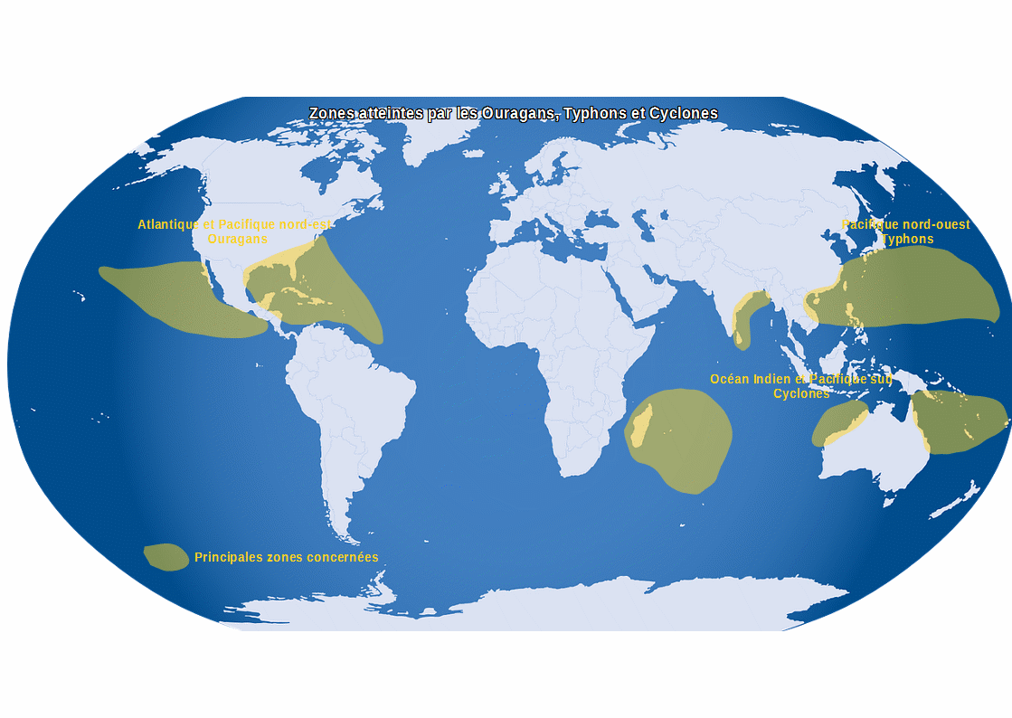Carte de la répartition des ouragans, typhons et cyclones dans le monde