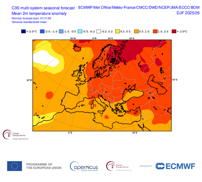 Anomalie de température à 2m pour le trimestre à venir en Europe