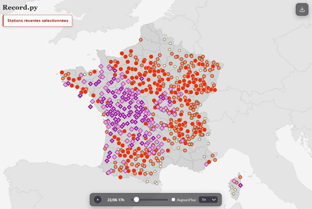 Exemple de carte avec les records du 23 juin 2026. RecordPy.fr