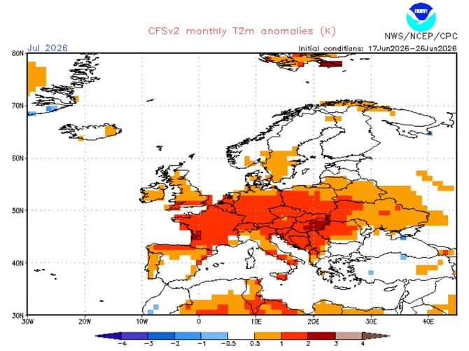 Anomalie thermique probable en juillet selon le modèle saisonnier CFS