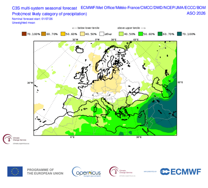 Probabilité de connaître des précipitations supérieures/inférieures aux normales pour le trimestre à venir en Europe
