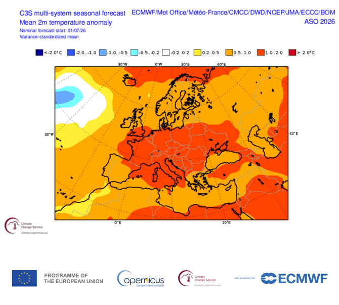 Anomalie de température à 2m pour le trimestre à venir en Europe