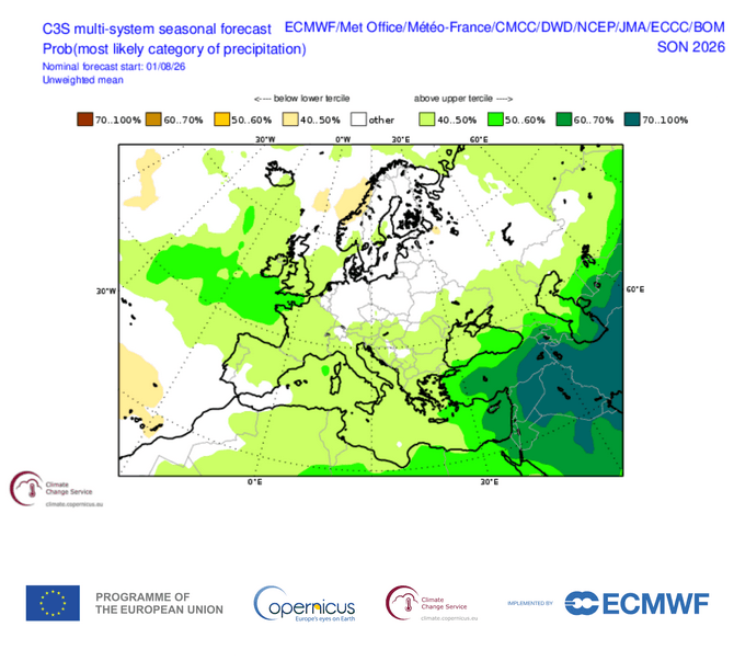 Probabilité de connaître des précipitations supérieures/inférieures aux normales durant l'automne en Europe | Modèles C3S