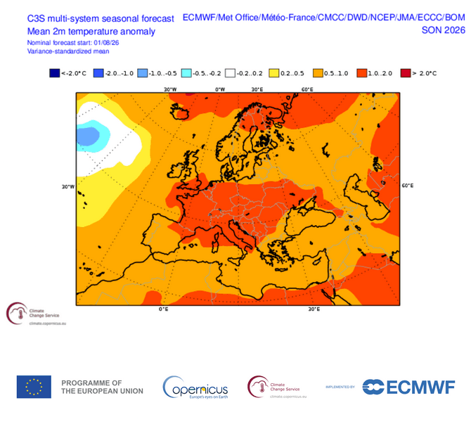 Anomalie thermique probable durant l'automne 2026 | Modèles C3S