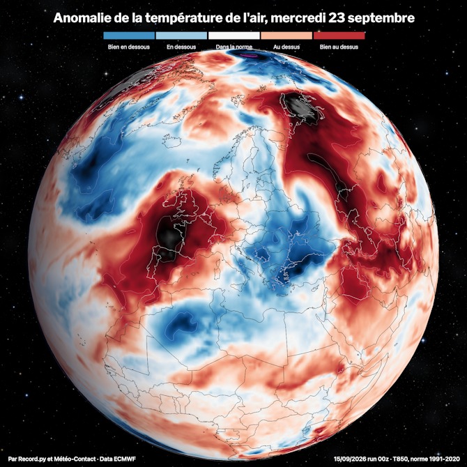 Anomalie des températures à 1500m d'altitude le mercredi 23 septembre