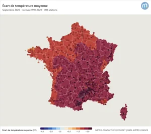 Ecart de la température moyenne sur le mois de septembre 2026 | © Météo-Contact