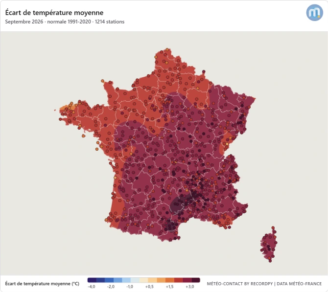 Ecart de la température moyenne sur le mois de septembre 2026 | © Météo-Contact