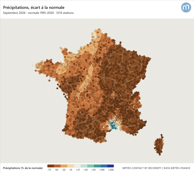 Ecart pluviométrique par rapport à la normale 1991-2020 sur le mois de septembre 2026 | © Météo-Contact