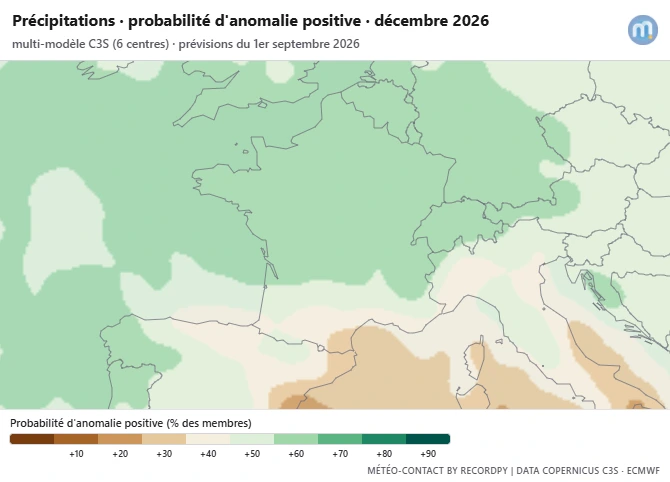Probabilité d'anomalie positive en France au cours du mois de décembre | Modèles C3S