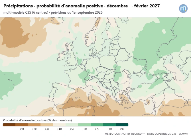 Probabilité d'anomalie positive (précipitations) en Europe au cours de l'hiver 2026-2027 | Modèles C3S
