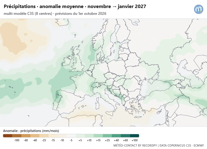 Anomalie moyenne des précipitations au cours du trimestre à venir | Modèles C3S