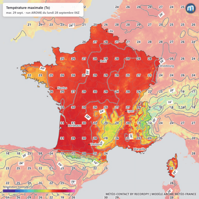 Températures maximales modélisées par le modèle AROME de Météo-France ce mardi 29 septembre 2026